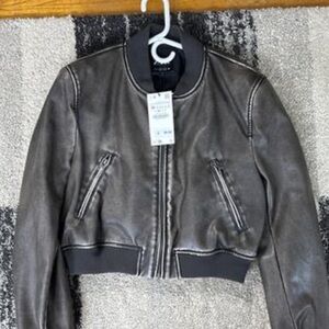 Zara Black Faux Leather Bomber Jacket